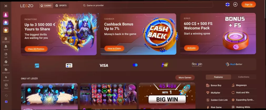 Legzo Casino 100% up to 600 CAD + 500 Free Spins bonus offer
